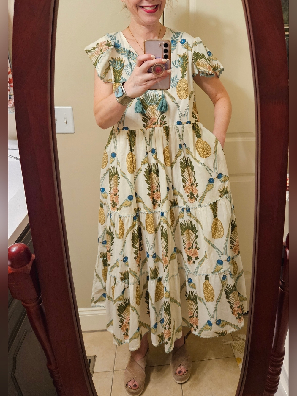 Uncle Frank Birds of Paradise Maxi Dress S | Tropical Boho Tiered Cotton Tassel - Picture 5 of 13